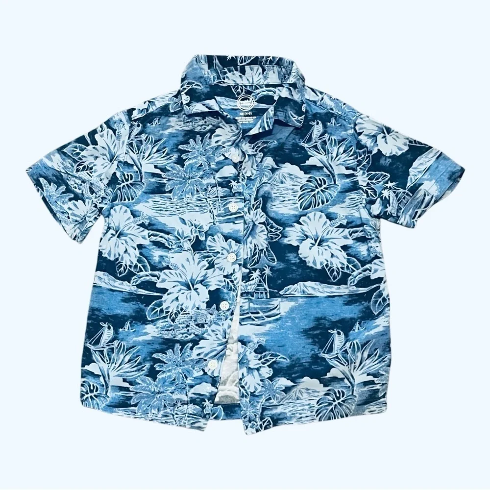 Wonder Nation Blue Floral Hawaiian Shirt button down short sleeve camp collar XS